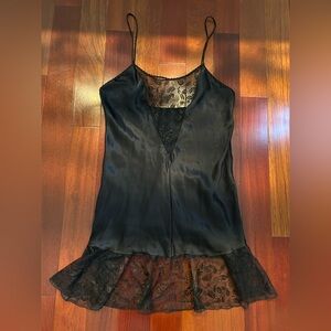 Vintage Farr West Black Satin & Lace Nightgown/Chemise. Size Large